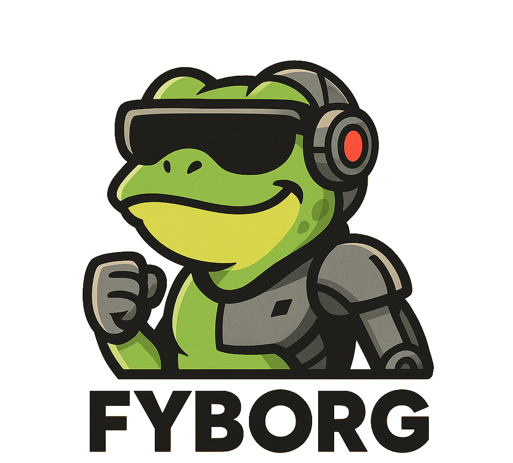 FYBORG Logo: Futuristic frog mascot, meme coin branding